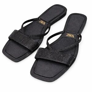 Zara Black Sparkle rhinestone Strap Flats EU 41 (US 9.5–10) – Never Worn